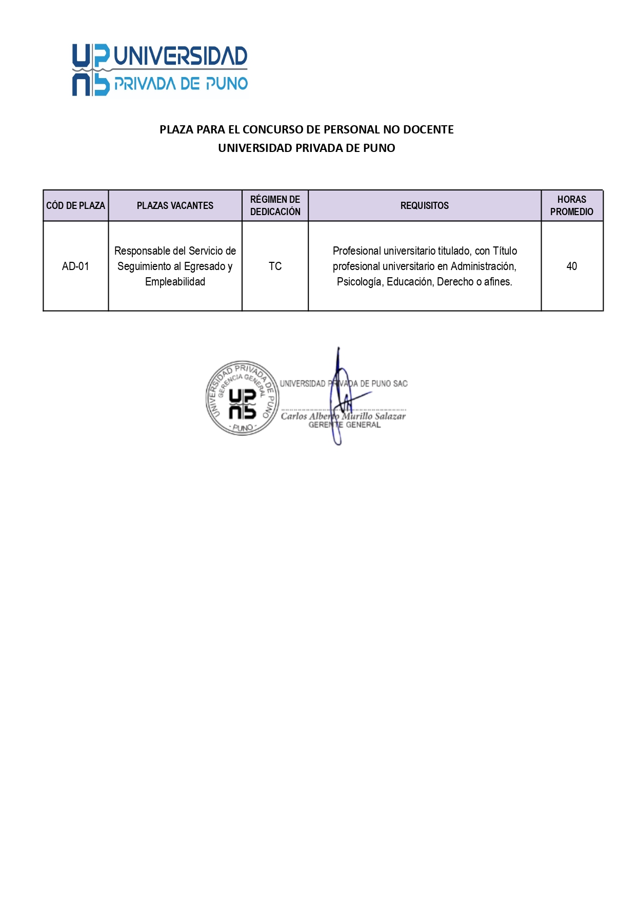 Convocatoria para personal no docente 2026 - Responsable del Servicio de Seguimiento al Egresado y Empleabilidad