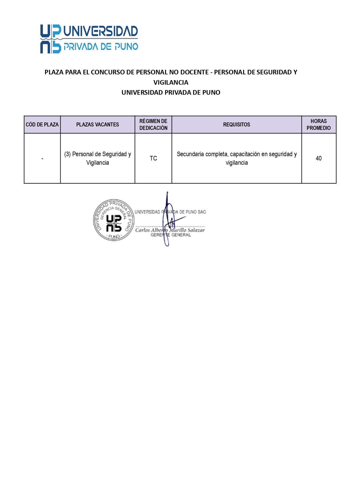 Convocatoria para personal no docente 2026 - Personal de Seguridad y Vigilancia